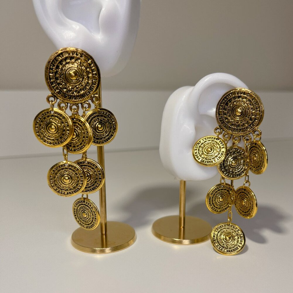 Textured Coin Disc Dangle Earrings Gold Tone New